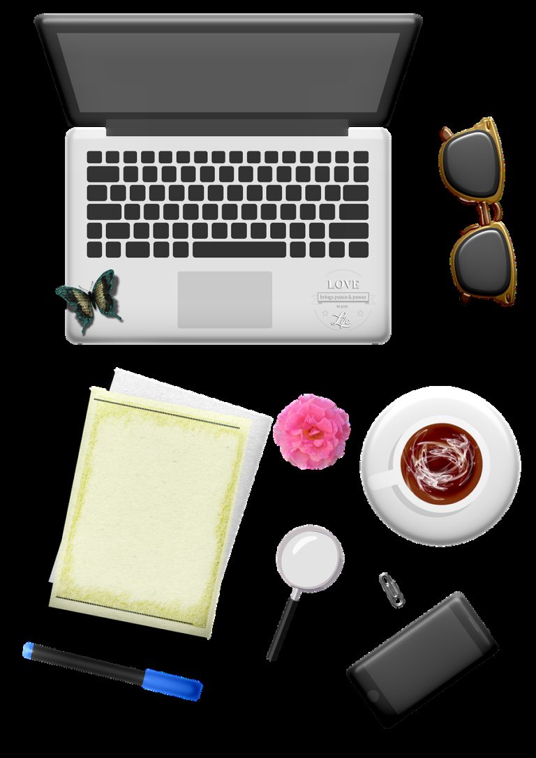 laptop, sunglasses, paper